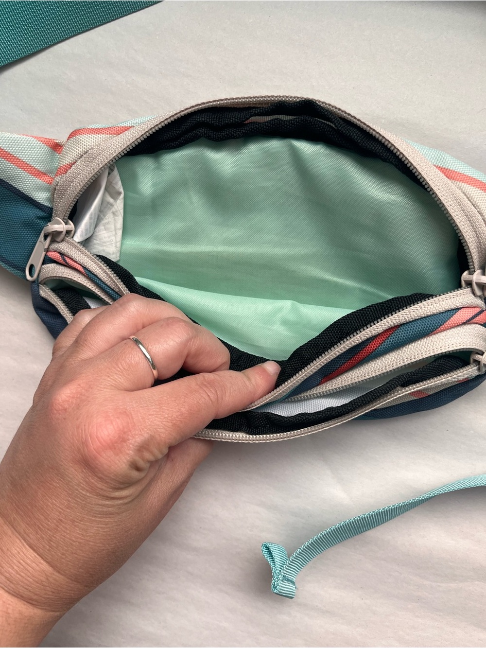 KAVU Striped Fanny Pack Belt Bag in Teal and Coral - Picture 6 of 9